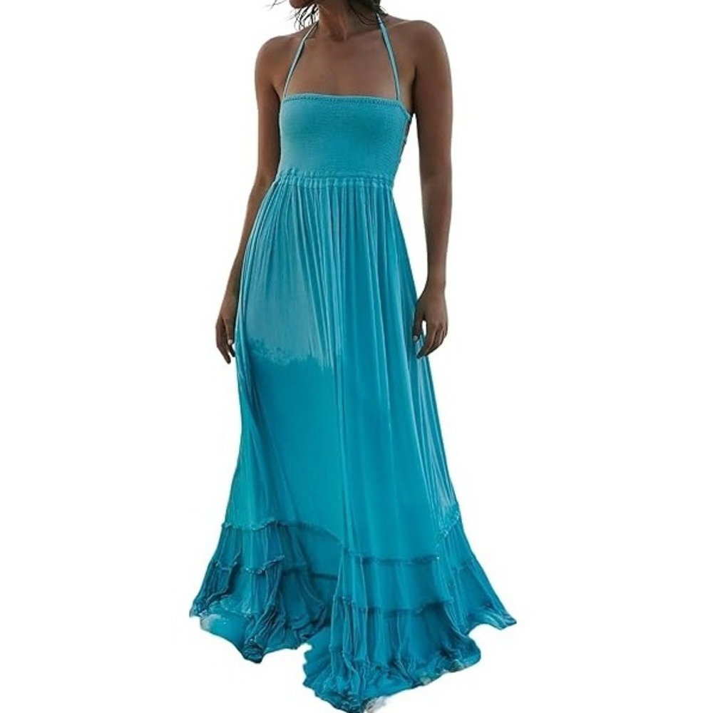 R.Vivimos Women's Aquablue Halter Neck Backless Long Maxi Dress Size 4/6 NWT